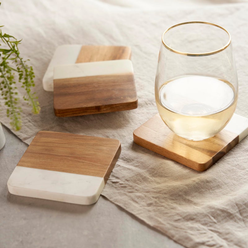 Twine Marble and Acacia Coasters, Modern Square Coasters, Acacia Wood, Marble, Protect Tables and Surfaces, Set of 4 - Image 4